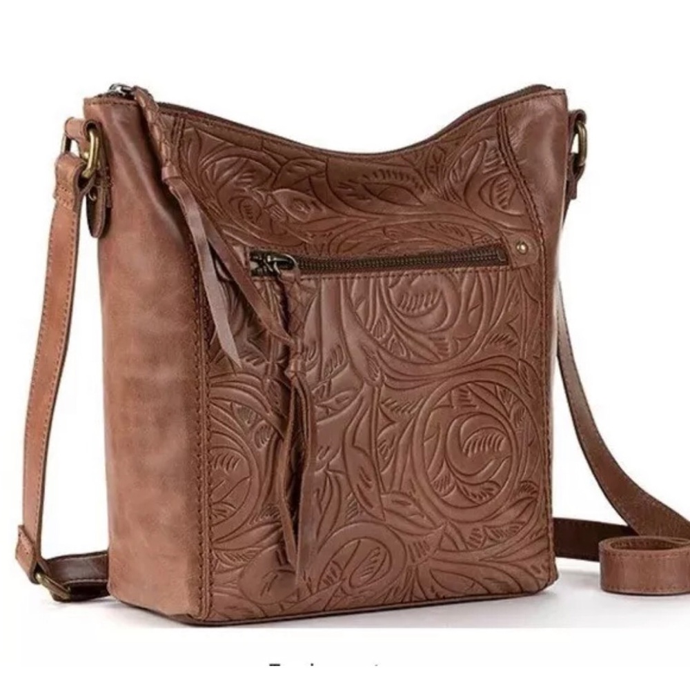 NWT THE SAK Ashland Crossbody Floral Embossed Brown Leather Bag